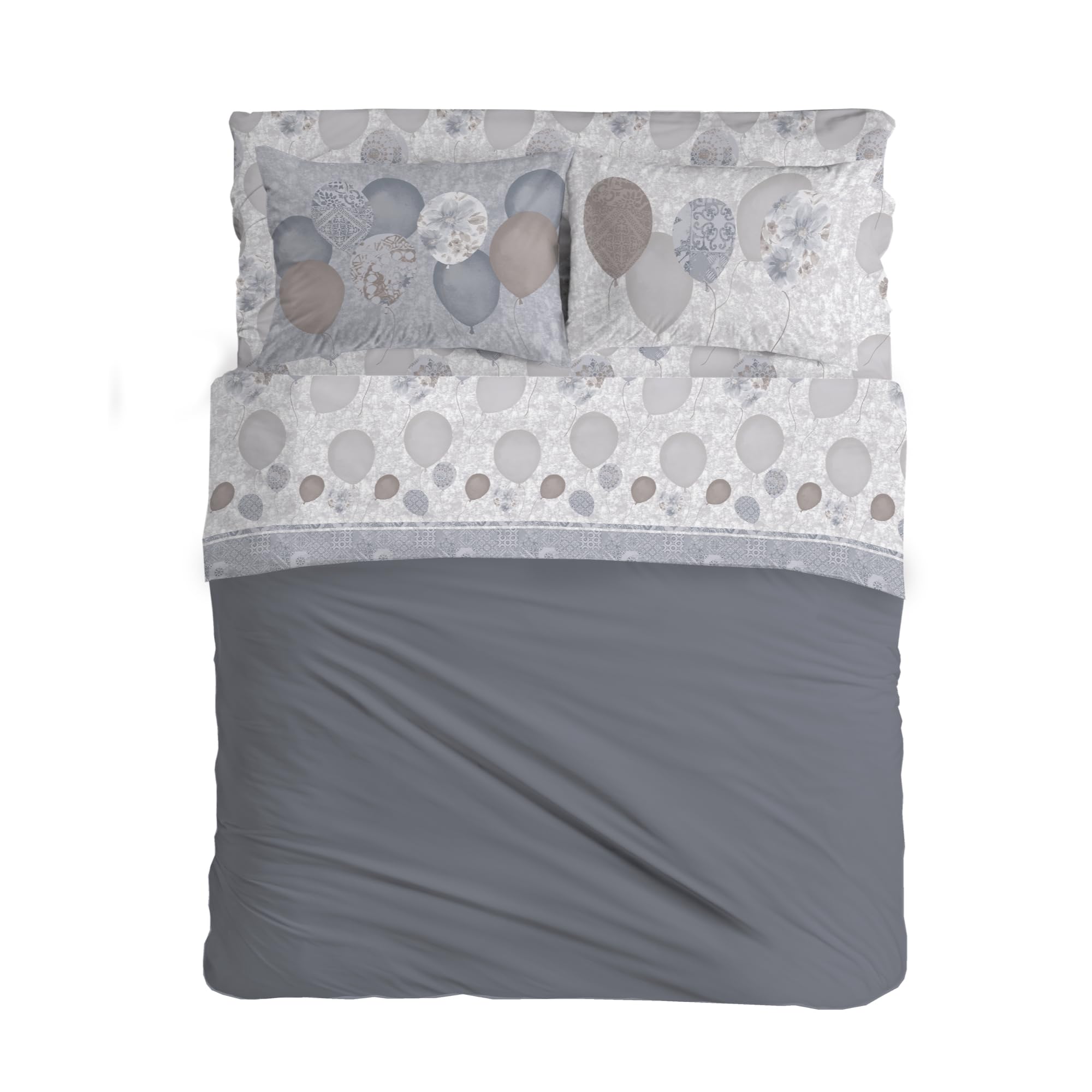 PENSIERI DELICATI Double Bed Sheet Set, 100% Cotton, 180 x 200 cm, Includes Bottom, Top Sheet and 2 Pillowcases, Made in Italy, Beige Balloons Pattern, Queen-size bed (SAVOLTEX.MATR.PALLONCINI.BEIGE) — image 1