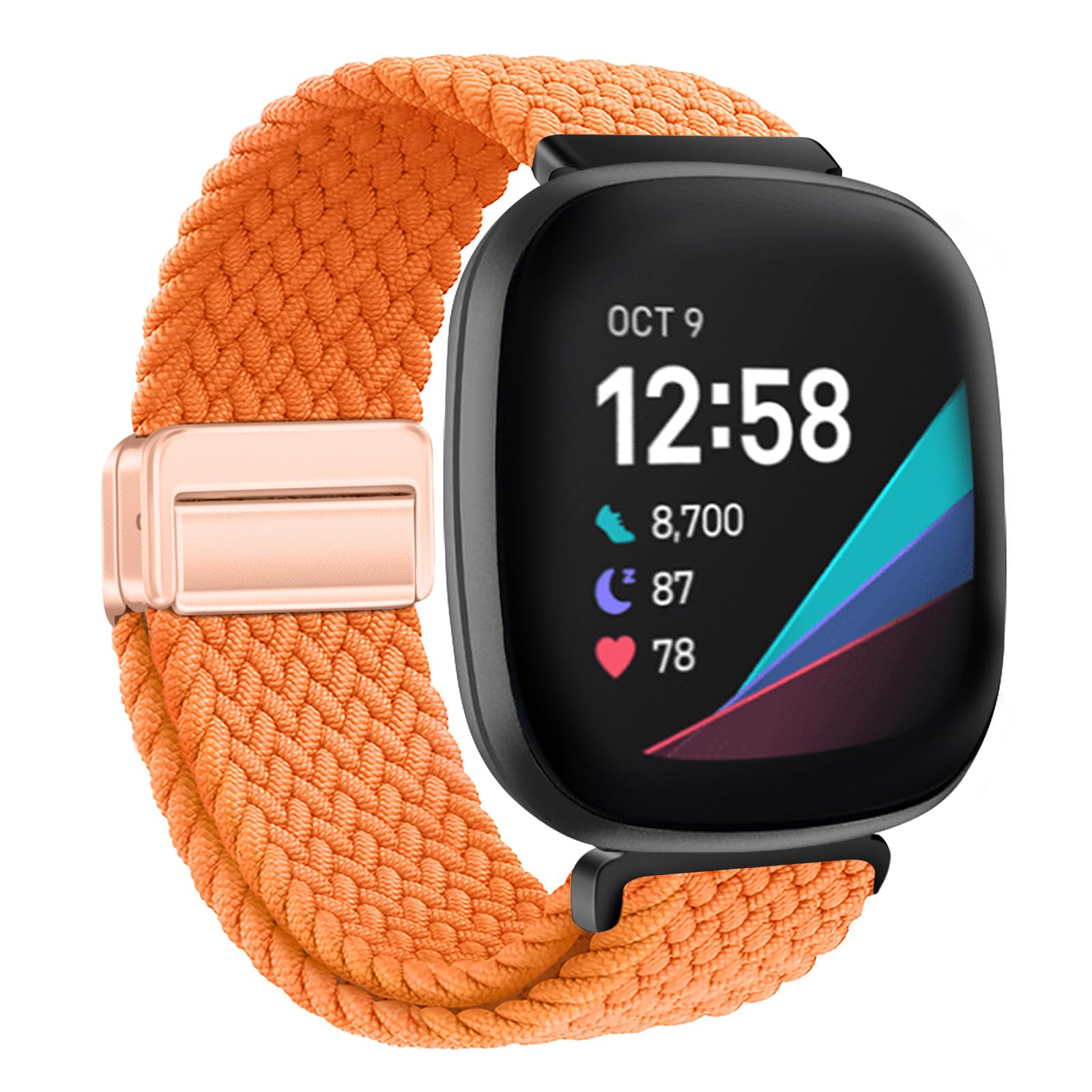 XMUXI Nylon Watch Band Compatible with Fitbit Versa 4/Versa 3/Sense 2/Sense Straps, Stretchy Magnet Braided Replacement Wristbands for Fitbit Watch, Orange
