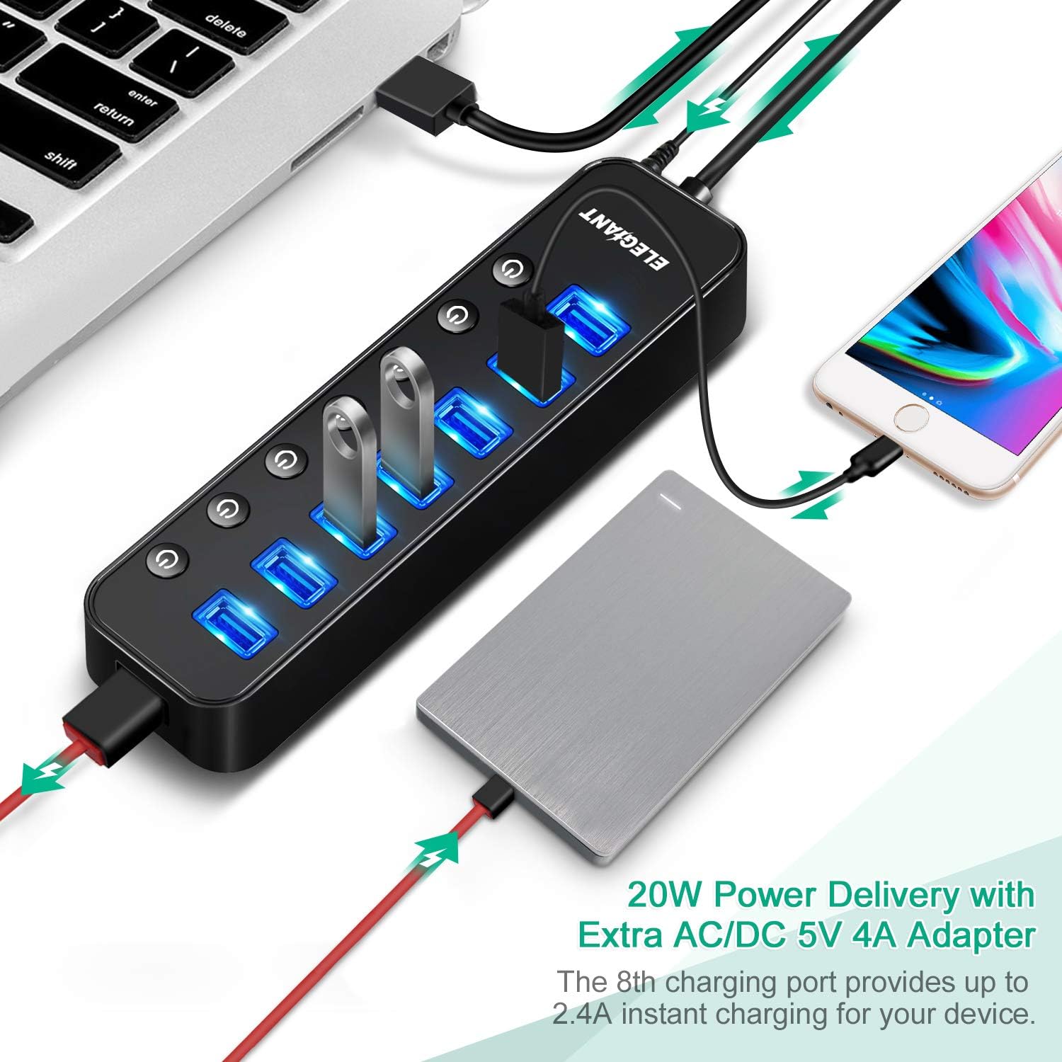 USB Hub 3.0, ELEGIANT 8 Port High Speed USB Hub, 7 Data Transfer Port and a 2.4A Charging Port with Separated Switches and Lights for Computers iPhone iPad MacBook Laptop PC Mobile with Power Adapter: Computers & Accessories
