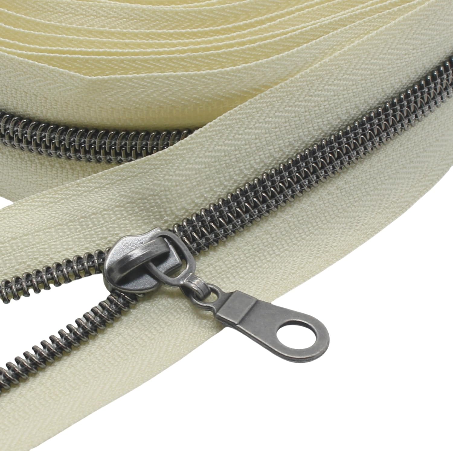 MebuZip #5 Gunmetal Metallic Nylon Coil Zippers by The Yard Bulk Coil Zipper Roll 10 Yards with 25pcs Pulls for DIY Sewing Craft Bags (Beige)