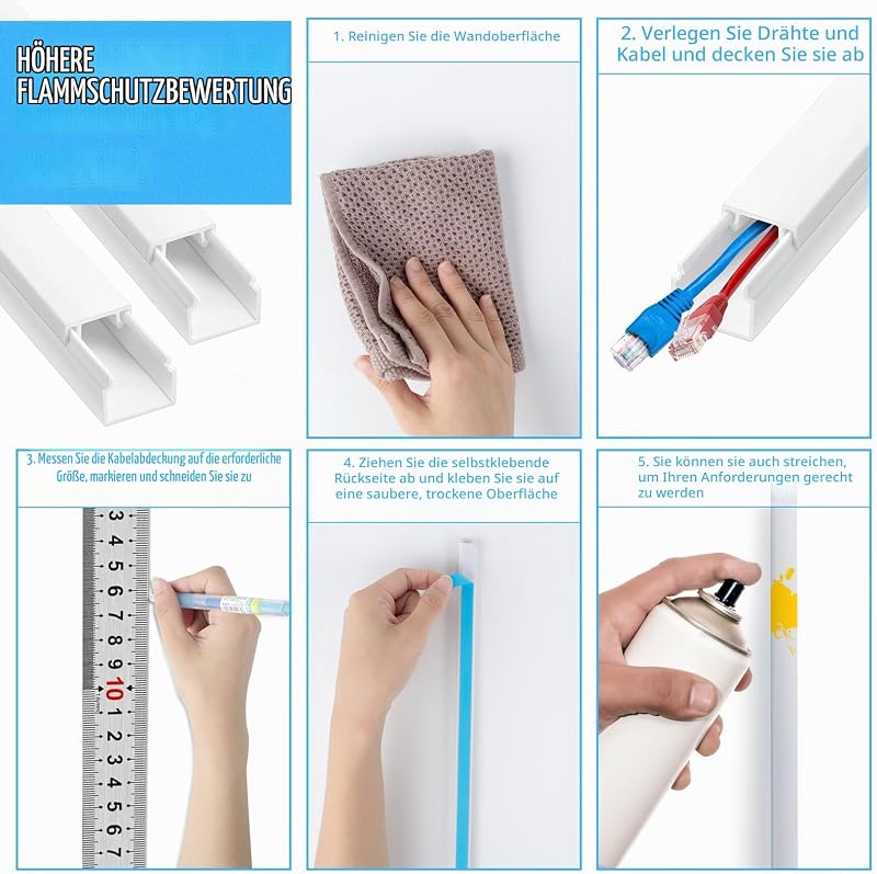 Kabelkanal Weiß Selbstklebend(0,4m*12mm*12mm), 10 Stück Kabelkanal mit Schaumstoffband bereit, Montage an der Wand für Kabelmanagement Kabelführung