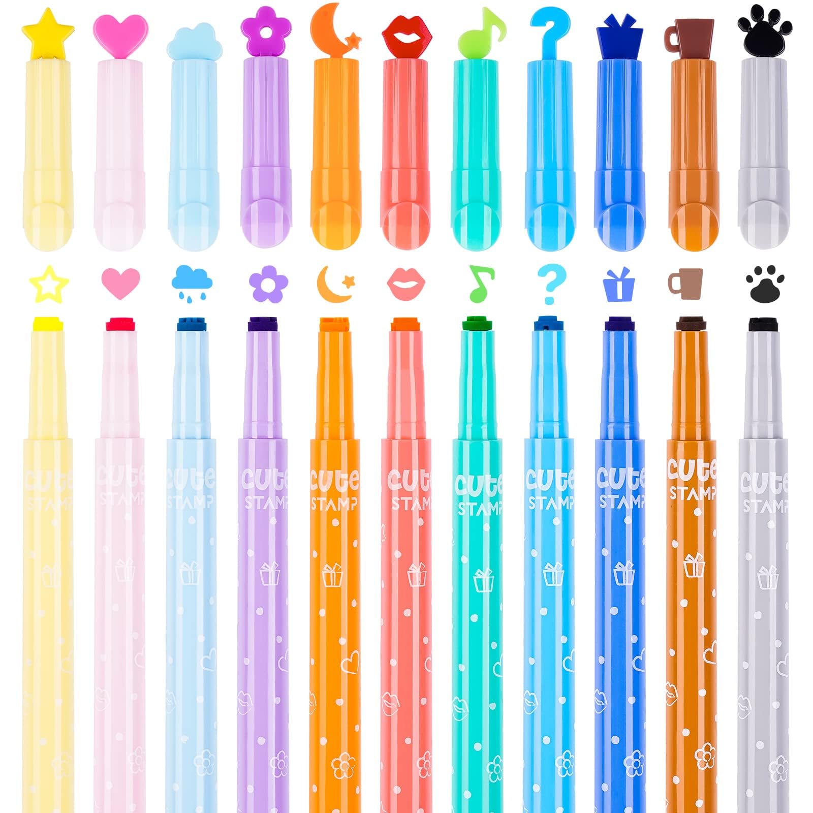 NiArt 11-Pack Cute Candy Color Highlighters with Mini Stamper Tips for Coloring, Drawing, Illustrating, Journaling and Art Crafts, Creative School Classroom Self-Inking Stationery