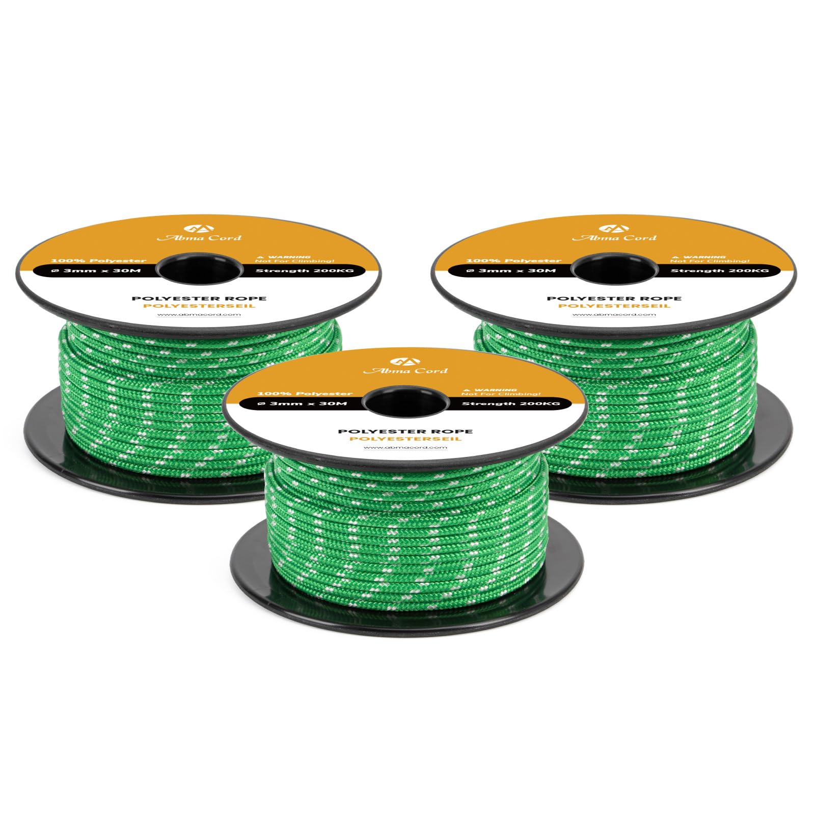 Abma Cord Polyester Cord 3mm x 30m Braid Polyester Rope, Green/White - Heavy Duty & Low Stretch - High UV & Abrasion Resistance