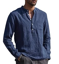 URRU Men Linen Henley Shirts Casual Standard Fit