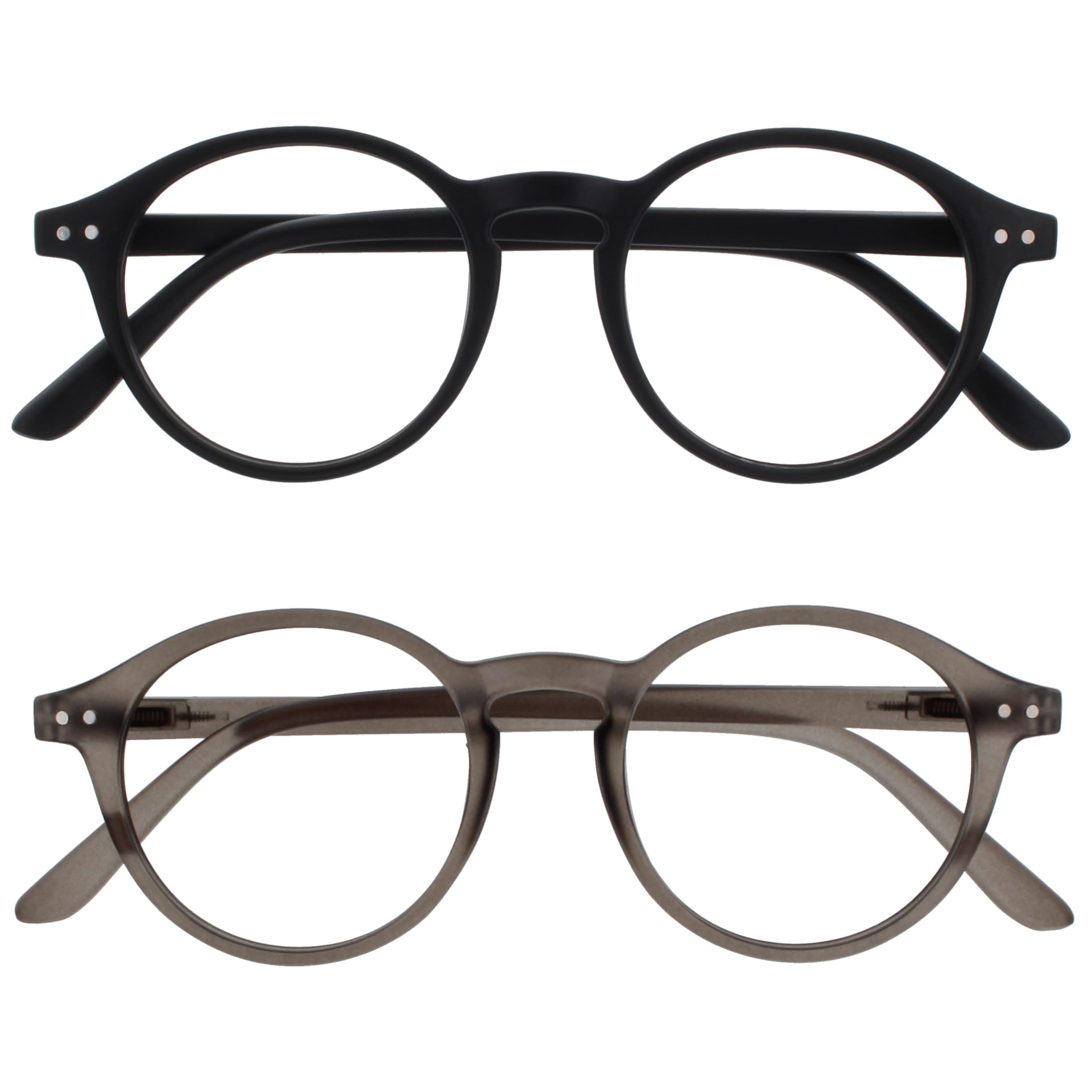 OPULIZE REY Reading Glasses - 2-Pack - Retro Round Frame - Matt Black, Grey - Mens Womens - Spring Hinges - RR56-17 - +3.50