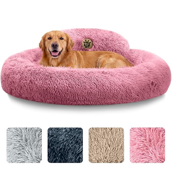 PETJETT LARGE DOG BED – 36” CALMING DONUT DOG BEDS, ANTI-SLIP & WASHABLE LARGE ROUND BED, FLUFFY FAUX FUR PET BED, SUPER SOFT ANTI-ANXIETY PREMIUM COMFORT BED, FITS DOGS UP TO 80 LBS – PINK