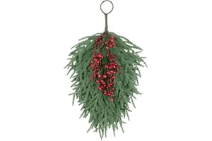 SHACOS 24 inch Christmas Norfolk Teardrop Swags with Red Berry Artificial Greenery Pine Teardrop Door Swag for Front Door Window Mantle Fireplace Xmas Holiday Indoor Outdoor Decor