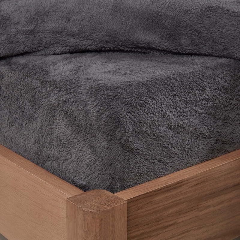 Brentfords Teddy Fleece Fitted Sheet Double Charcoal Grey Soft Warm