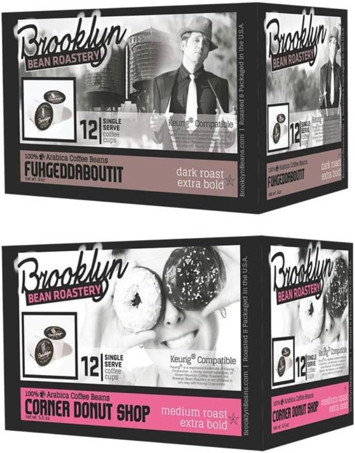 Brooklyn Bean Roastery Single Serve Coffee 2 Flavor Variety Bundle: (1) Fuhgeddaboutit Dark Roast, and (1) Corner Donut Shop Medium Roast, 12 Single Serve Cups Each