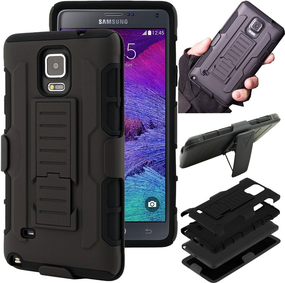 Kecko(TM) for Galaxy Note 4 Case,Defender Future Armor Shock-absorption Impact Resistant Military Extreme Duty Rugged Belt Clip Hybrid Fitted Case Skin with Kickstand&holster for Samsung Galaxy Note 4 IV--Black Kickstand Case Core+Swivel Holster
