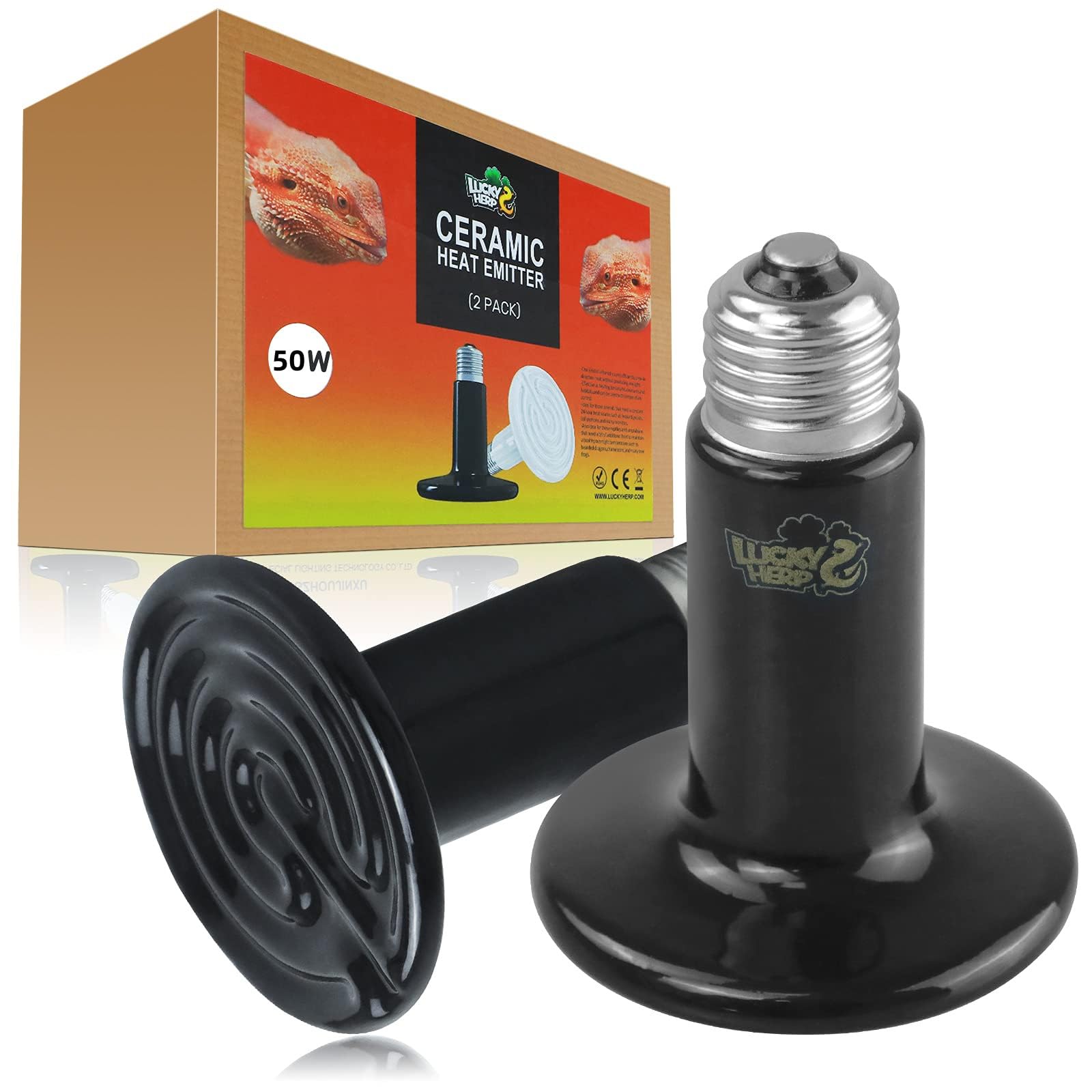 LUCKY HERP Ceramic Heat Emitter, Reptile Heat Lamp Bulbs 50W 2Pack, Ceramic Heat Lamp for Reptiles, E27 Vivarium Heat Light for Tortoise, Puppy, Chick, Turtle, Dog, Cat, Bearded Dragon