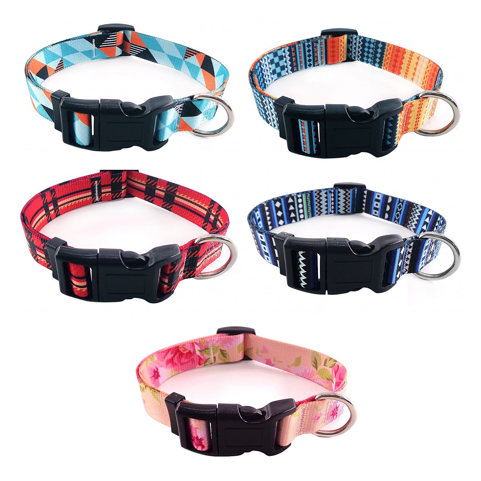 JZK 5x Colourful dog collars for small and medium size dogs, puppy collars, nylon soft adjustable dog collars with buckle, identification collars for small dogs
