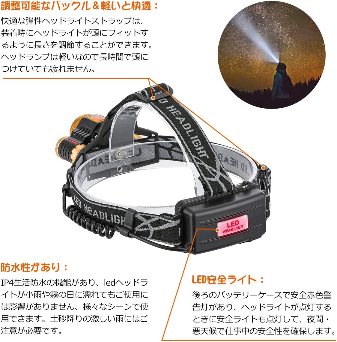 Amazon Outerdo ヘッドランプ 登山 ズーム機能付き 高輝度 防水 4つ点灯モード Ledヘッドライト Usb充電式 Usbケーブルが別売 軽量 角度調整可能 登山ライト 釣り ヘッドライト 作業用 作業灯 ランプ アウトドア 充電式リチウムイオンバッテリー 2本付属 登山 夜