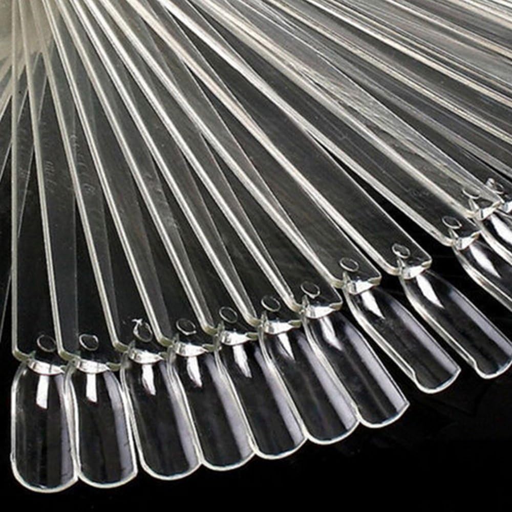 MOPRETTY 250PCs Nail Art Tips Samples Nail Sticks with Metal Ring Holders Fan-Shaped Stand Rack Practice Tool Clear