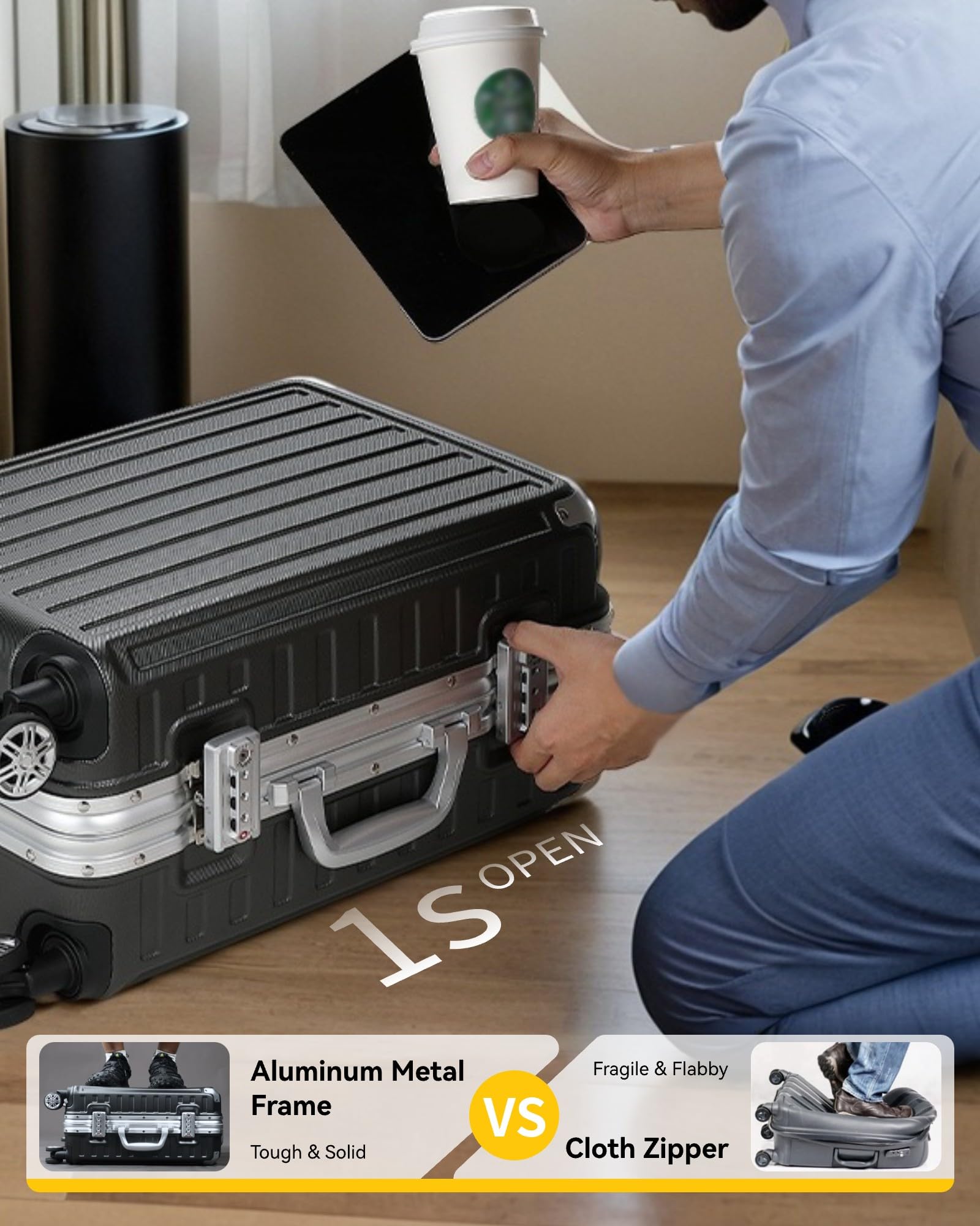LUGGEX Zipperless Luggage with Spinner Wheels - Polycarbonate Aluminum Hard Shell Suitcase, Checked-Large 26-Inch,Charcoal Metallic