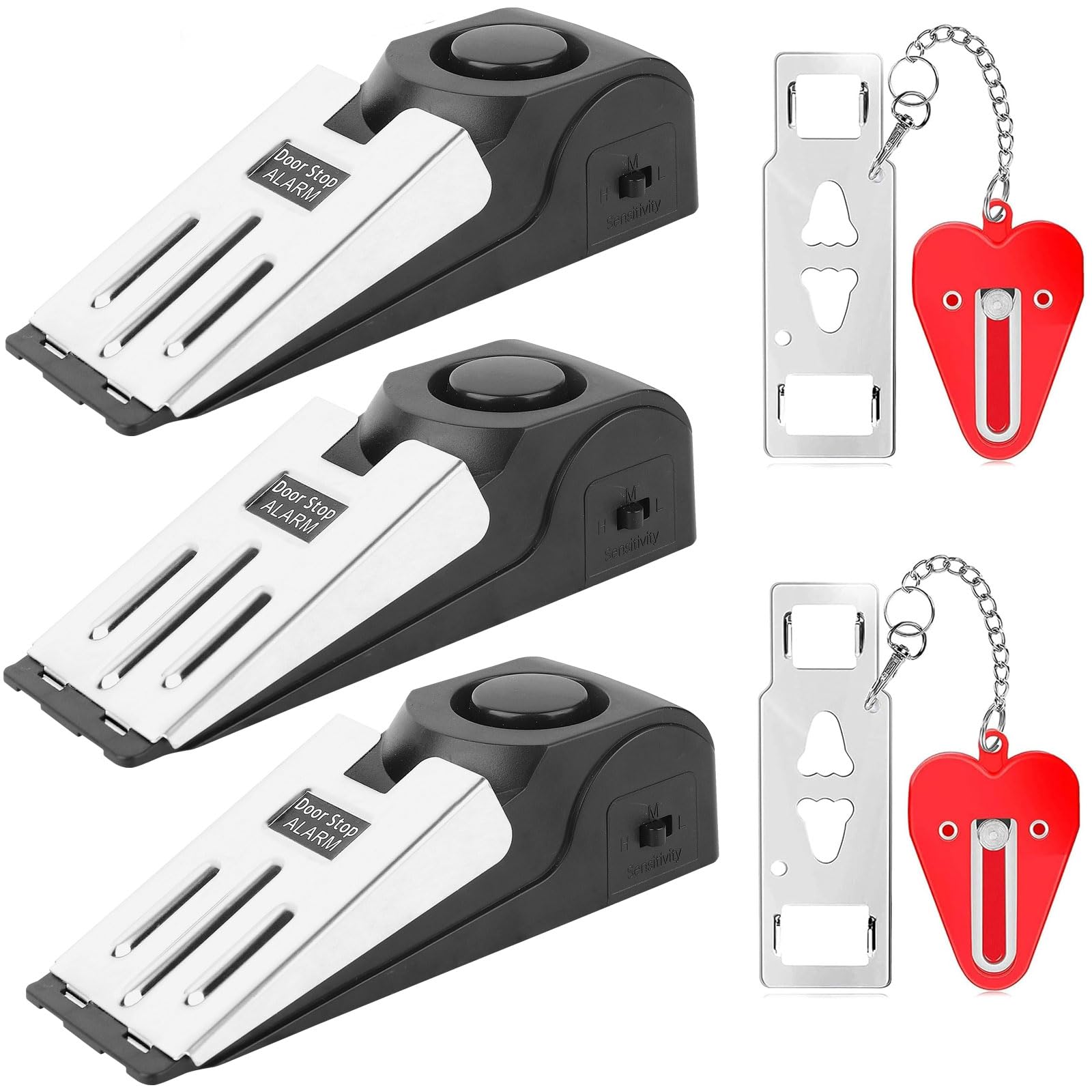 LUCKNIGHT 3 Pieces Door Stop Alarm with 2 Pieces Portable Door Lock, Non-Slip Wedge Door Stopper with 120dB, Adjustable Sensitivity, Alarm for Home Hotel Security Personal Protection
