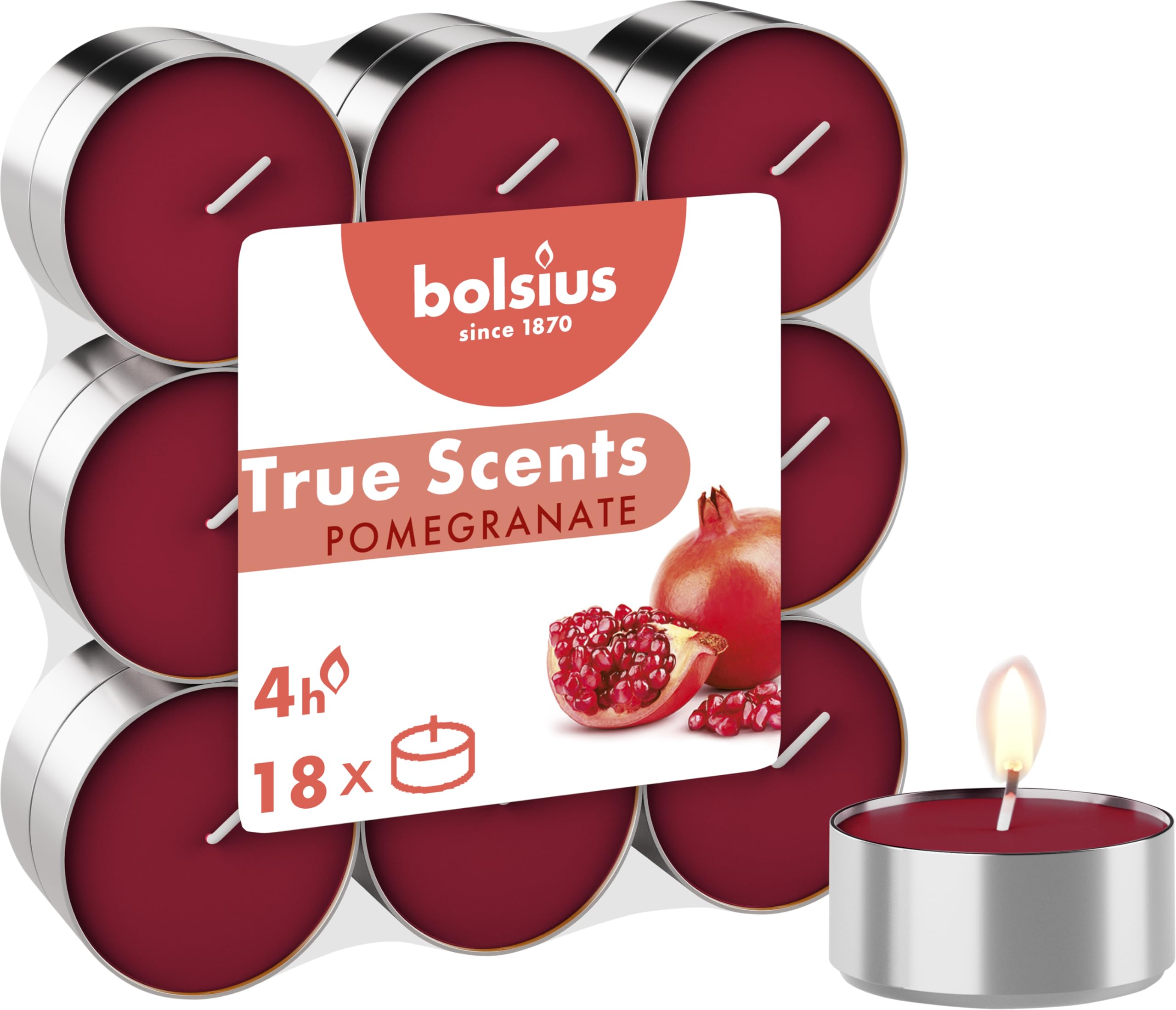 Bolsius - Fragrance Tealights - Pomegranate - Pack of 18 - Burning Time of 4 Hours - Household Candle - Interior Decoration - Natural Extracts - Includes Natural Vegan Wax - No Palm Oil