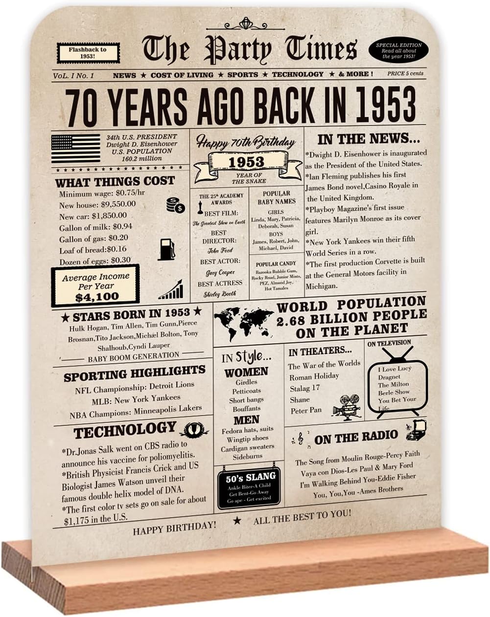 Wall Décor - QiFyLeo Classic 70th Birthday Gifts for Men Women, Two-sided Back in 1953 Poster Acrylic Sign with Stand, Vintage 1953 Newspaper Poster, 70 Year Old Bday Party Decor