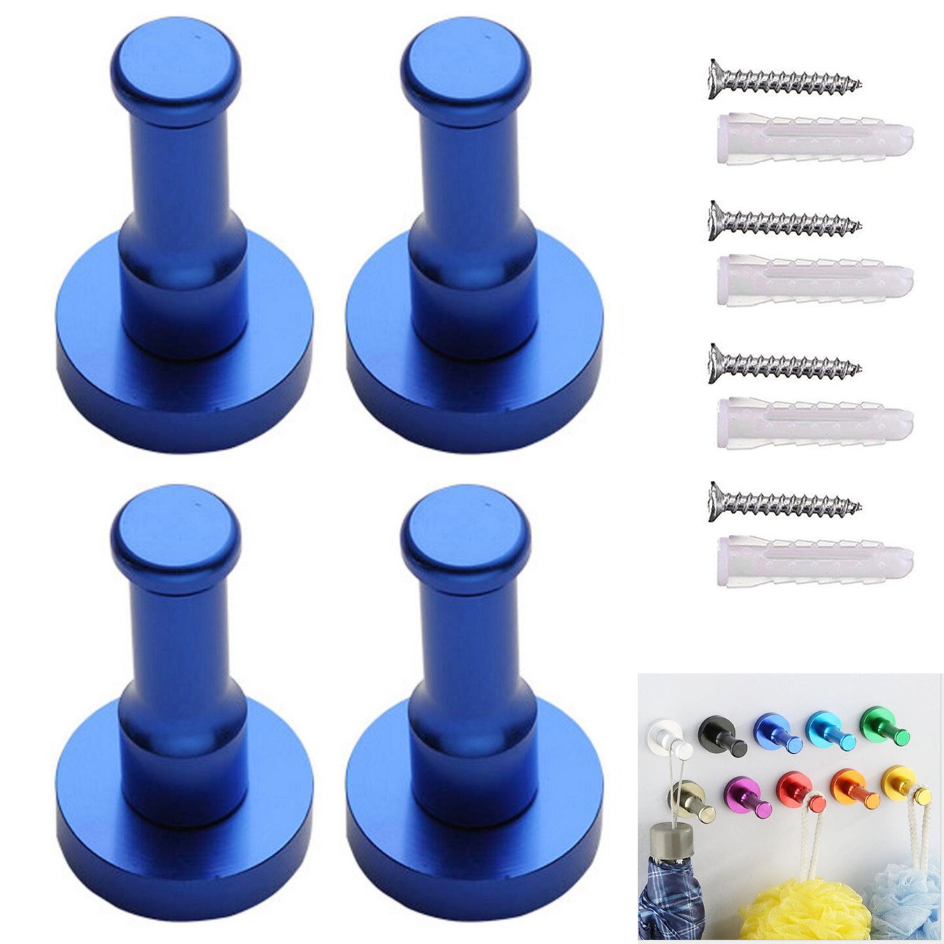 UOOOM 4 pcs Space Aluminum Wall-Mount Coat Robe Hooks Colorful Clothes Towel Hook Hanger (Blue)