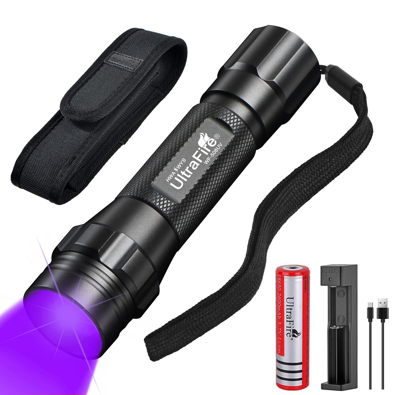 ULTRAFIRE UV Torch 395-405nm Blacklight LED Torch, Zoomable Ultraviolet Light with Holster, Small UV Flashlight for Curing Resin, Pet Urine Stains, Fluorescence Detection, Leak Detector