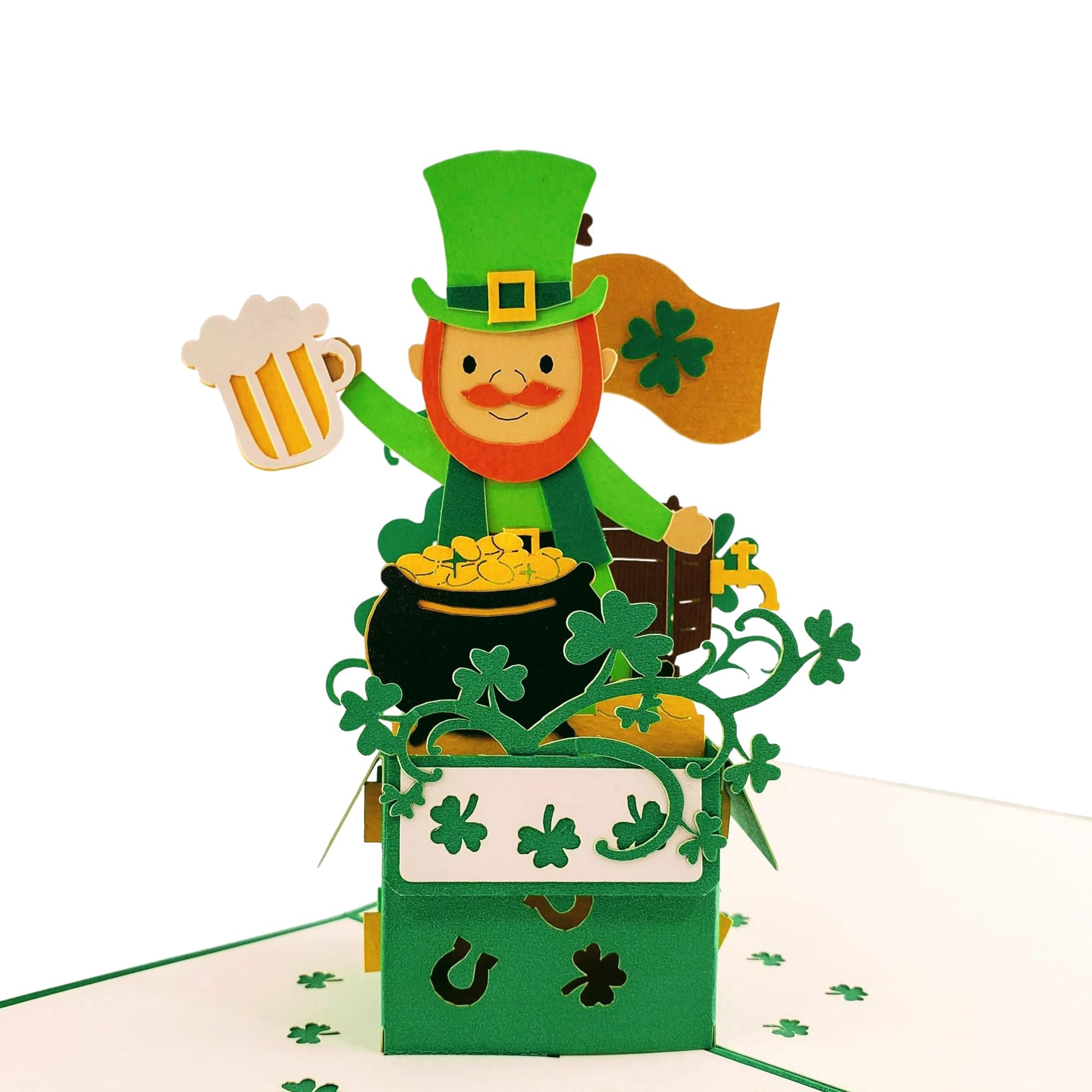 iGifts And Cards Happy St. Patrick's Day Lucky Leprechaun 3D pop up card - Cool, Unique, Irish, Green Hat, Four-Leaf, St. Paddy's Day, Celebration, Shamrock, Pot of Gold