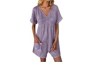 WKSCLPAI Rompers For Women Summer Short Sleeve Short Jumpsuits Casual Loose Linen Shorts Vacation Beach Overalls With Pockets