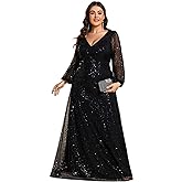 Ever-Pretty Women's Elegant A-Line V Neck Sheer Long Sleeves Plus Size Sequin Formal Dress Evening Gown