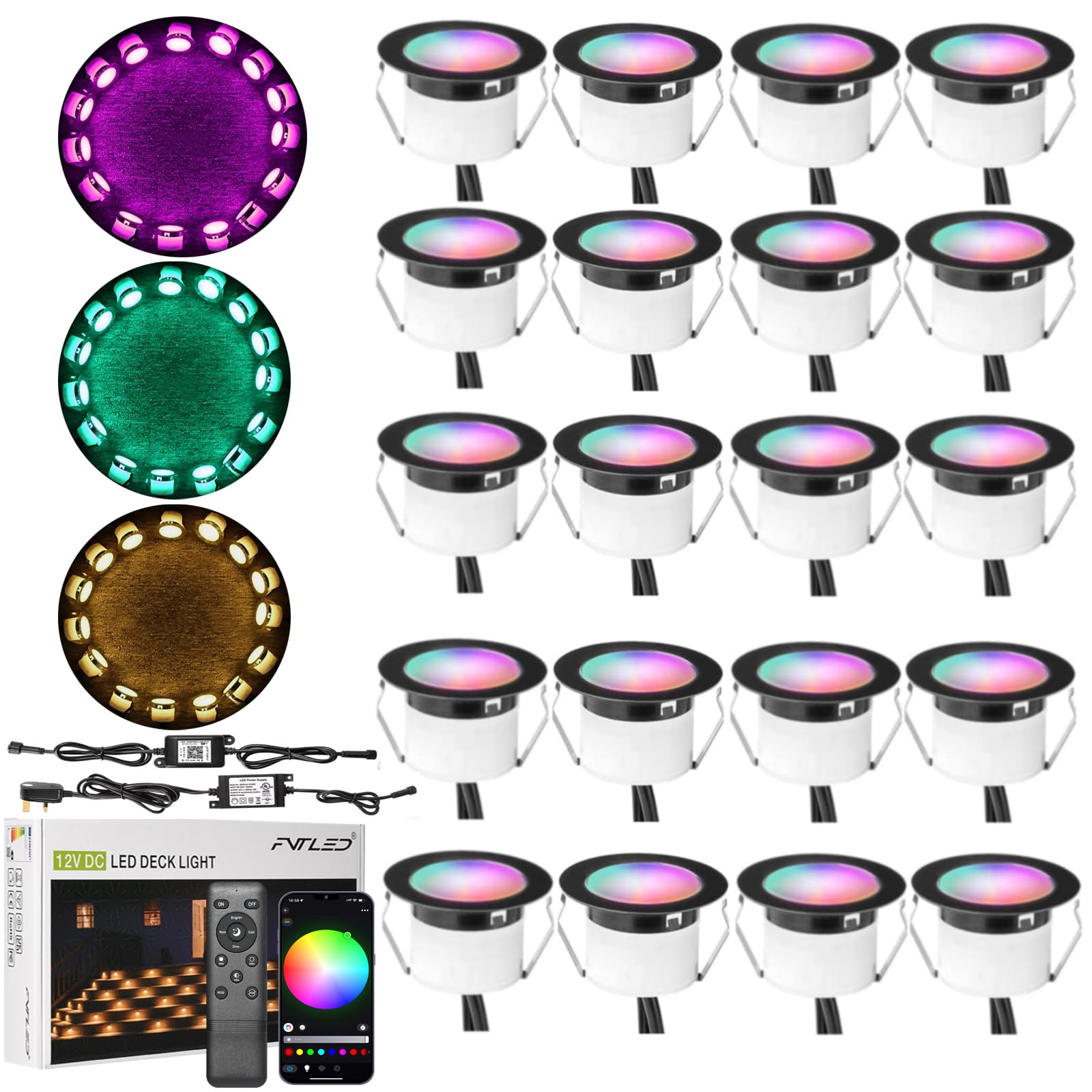 GEYUEYA Home LED Decking Lights RGBW, Ø31MM 12V RGB+Warm White Change Colours Waterproof IP67 LED Deck Lights for Patio Path Steps Garden Decoration with Remote Controller-20 Packs
