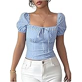 Floerns Women's Striped Tie Front Blouse Square Neck Puff Sleeve Smocked Crop Tops