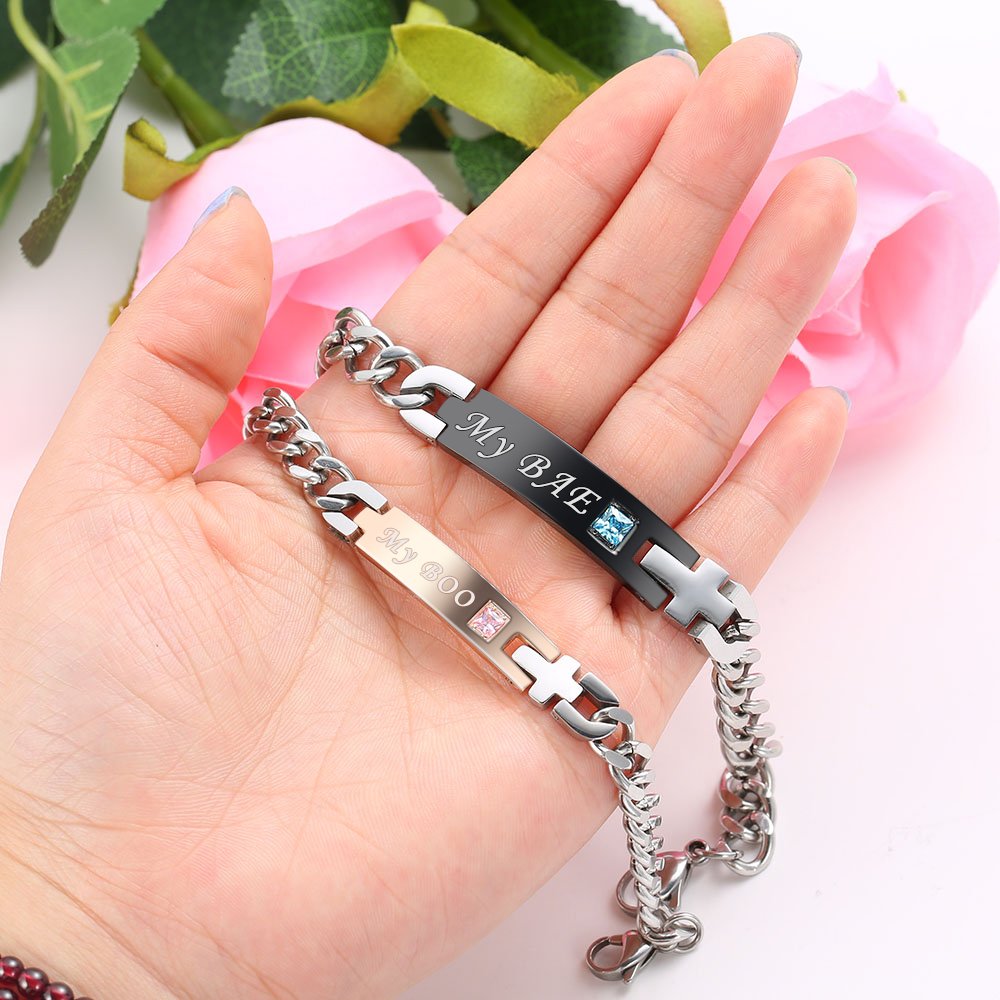 Gagafeel His Only Her One Stainless Steel Chain Couple Bracelet Gift Set for Lover (My BAE My BOO)