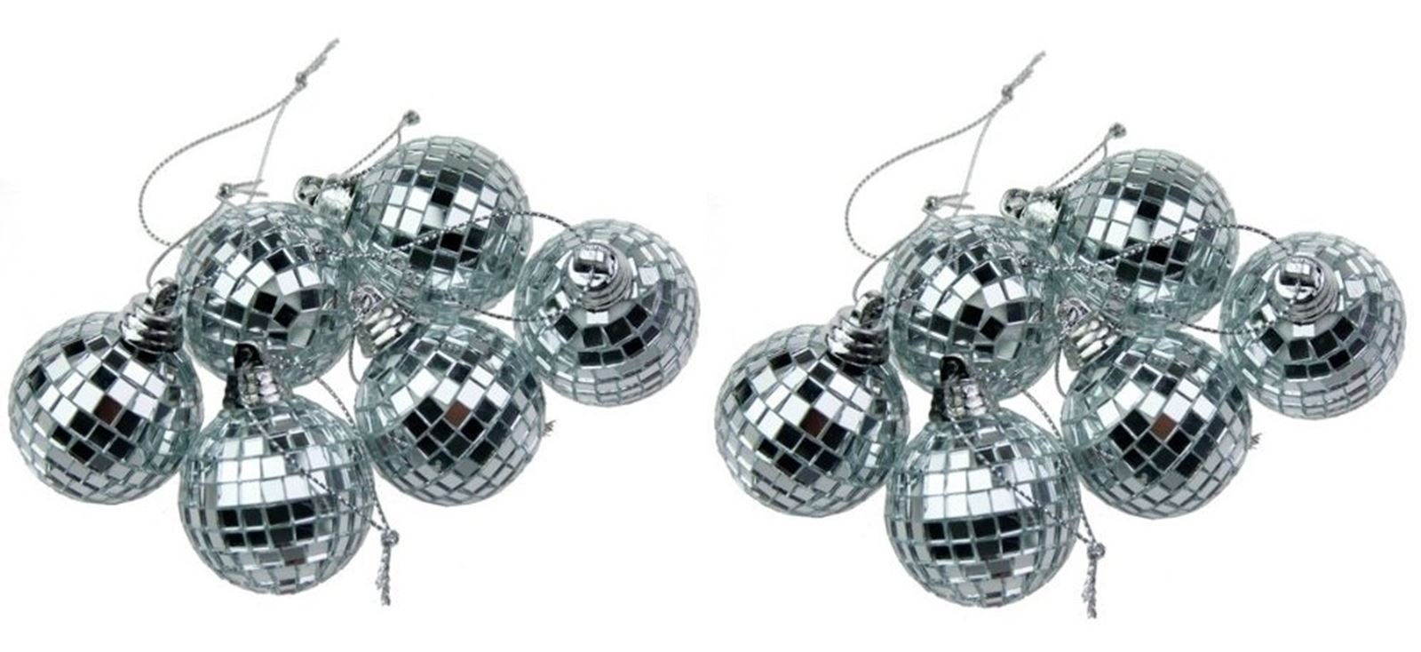Pack of 12-40mm (1.6 Inch) Silver Mini Disco Mirror Ball Christmas Tree Baubles - Christmas Decorations