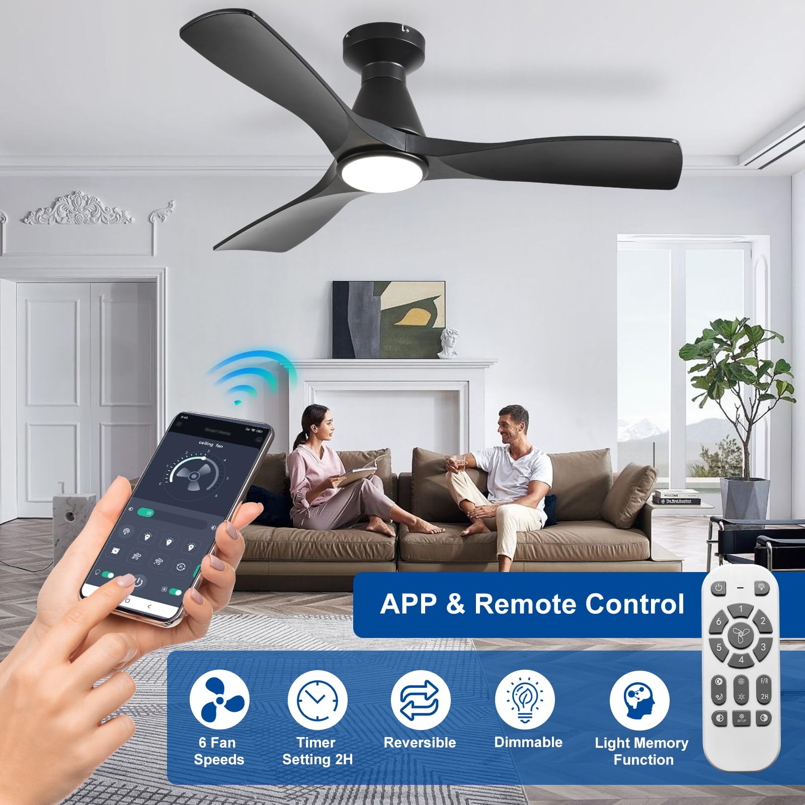 Depuley 42-Inch Ceiling Fans with Lights: Black 3 Blade Flush Mount Low Profile Ceiling Fan for Bedroom - Dimmable Indoor Outdoor Fan with Remote APP Control Ultra Quiet DC Motor Timer