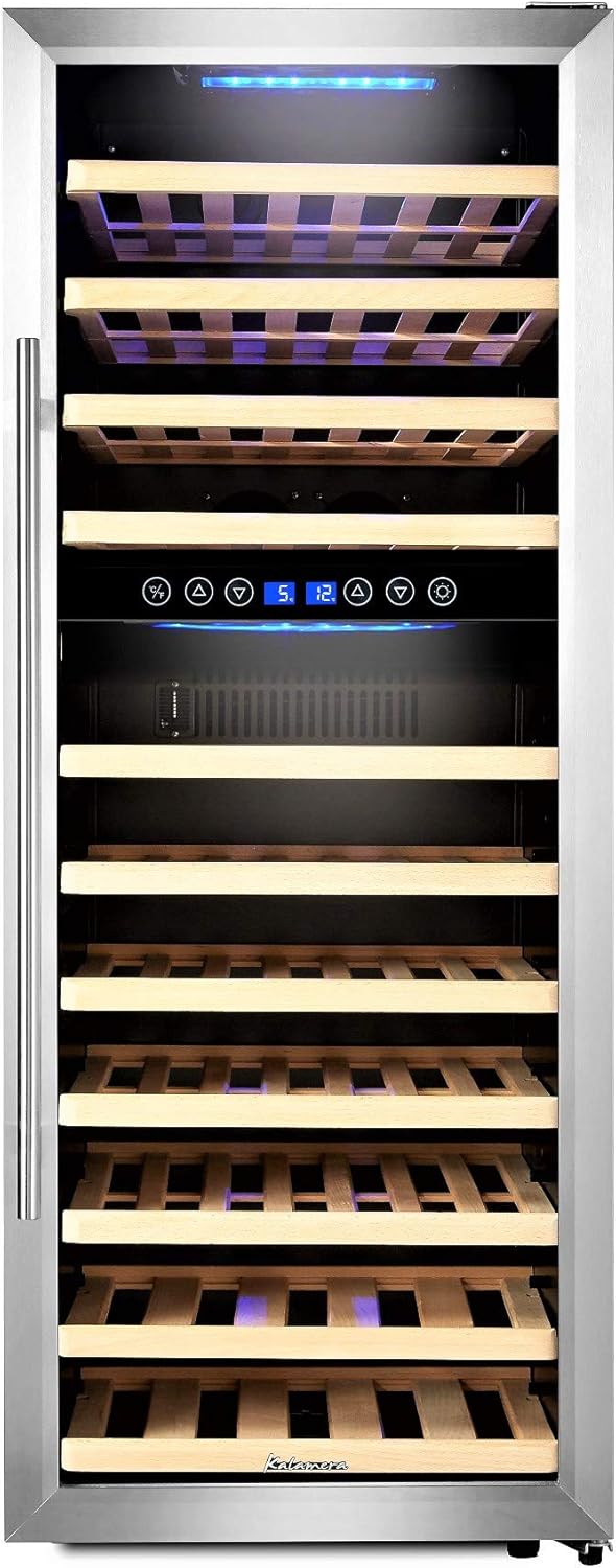 Kalamera KRC-73BSS Design Weinkühlschrank für bis zu 73 Flaschen (bis zu 310 mm Höhe),weinkühler mit Kompressor,zwei Temperaturzonen 5-10°C/10-18°C,(200 Liter, LED Bedienoberfläche, Edelstahl Glastür)