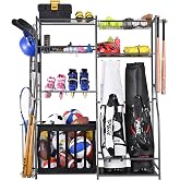 Mythinglogic Sports Equipment Organizer for Garage with Golf Bag Storage | Large metal rack organizes golf bags, sports balls, bats, rackets, skates and accessories with shelves, baskets and hooks