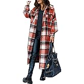 SKIKYAN Women Fall Flannel Plaid Shacket Jacket Oversized Button Down Long Shirt Jacket