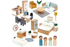 PairPear Wooden Toys Dollhouse Furniture Playset,35 Piece Furnitures with Family Dolls,Doll House Accessories Pretend Play Gift for Girls and Boys 3 Year and Up