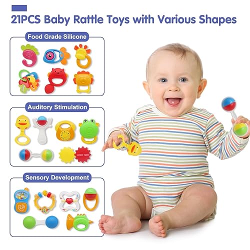 Qizebaby 21PCS Baby Rattles Toys Set, Baby Toys 3-6 Months, Infant