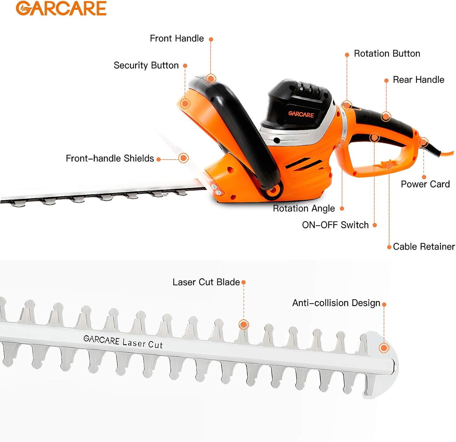 GARCARE Corded Electric Hedge Trimmer 680W Bush Tree Cutter with 61cm Blade Length, 20mm Cutting Width, Adjustable Handle - Image 3