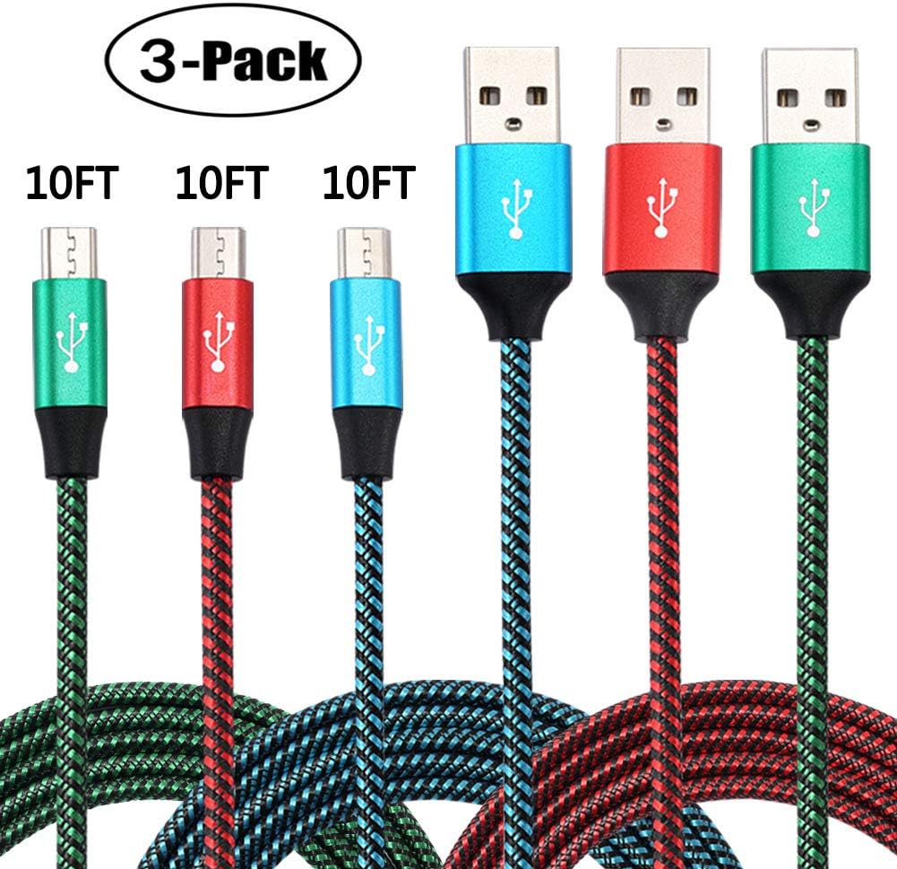 Micro USB Cable 10FT 3-Pack,Cell Phone Charger Android Nylon Braided Fast Charging Cord Compatible with Samsung Galaxy S6 S7 J3 J7 Edge,LG,HTC,Motorola,Sony,Xbox One,PS4,Bynccea
