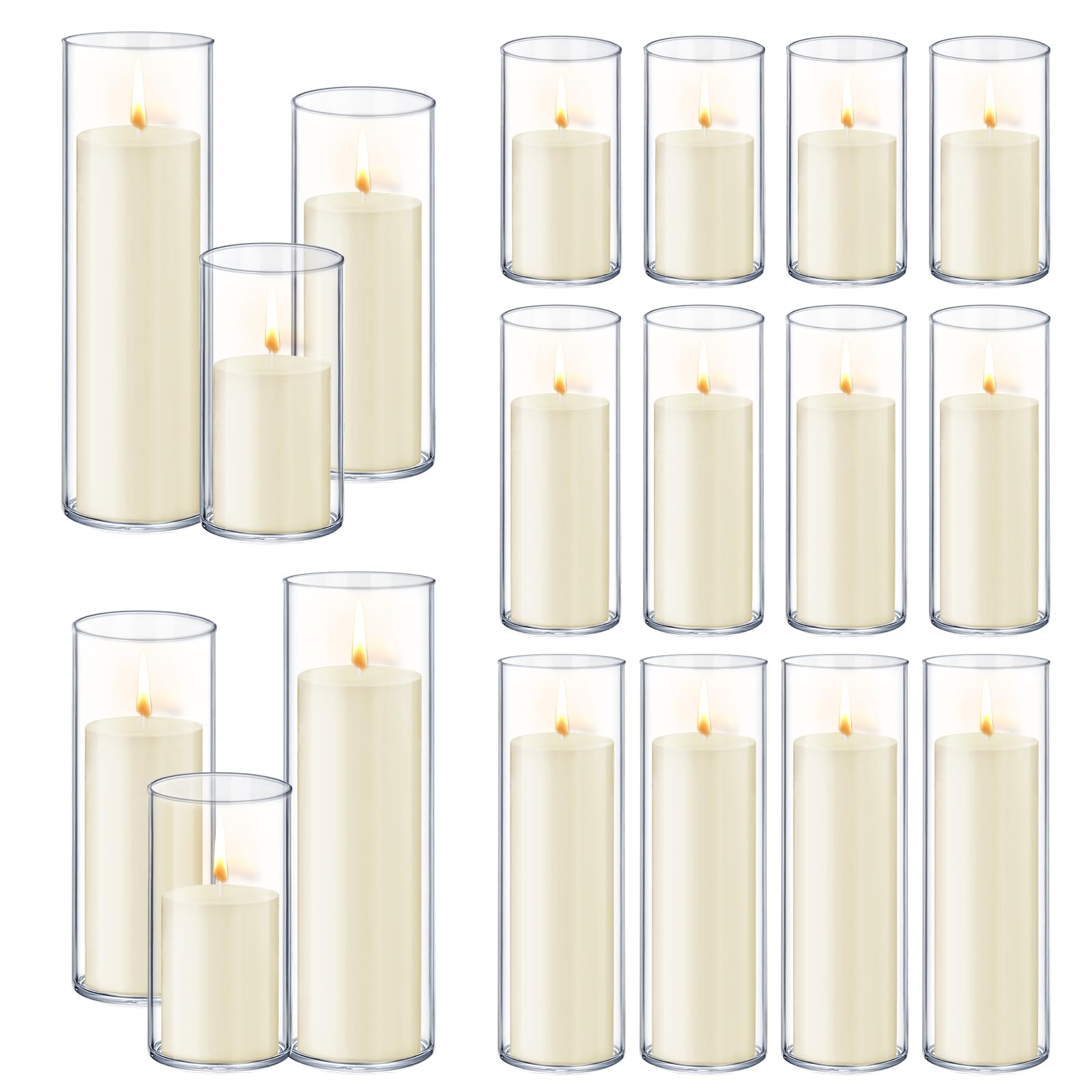 Photo 1 of   Ivory White Pillar Candles with Glass Candle Holders Clear Hurricane Candle Holders Glass Cylinder Vases for Centerpieces Wedding Party, Event, Home Office (18 Candles+18 Candle Hoders)