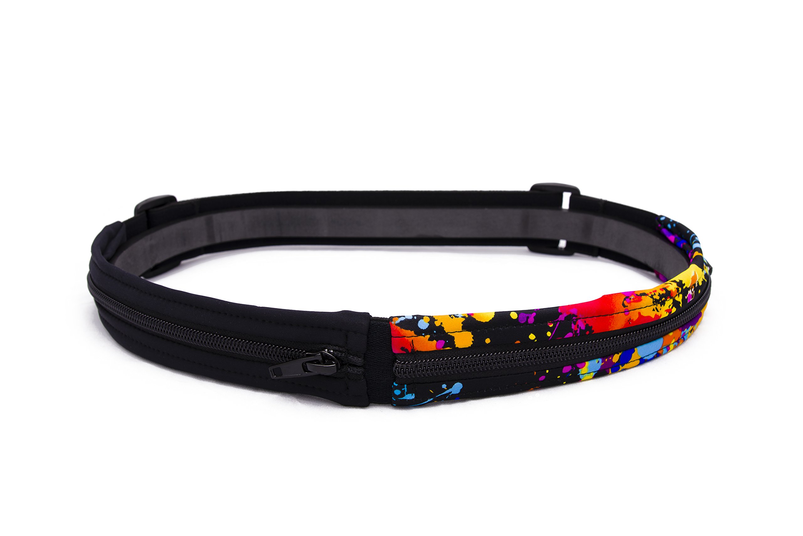 SPI Glide Buckle-Less, Adjustable Twin Pocket Running Belt (Black & Rave)