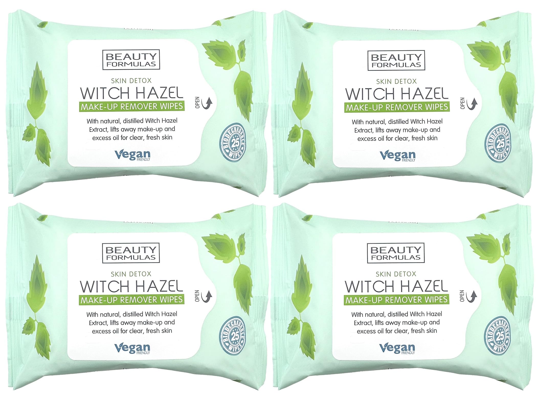 4-Pack Witch Hazel Make-Up Remover Wipes – 25 Wipes Per Pack, Lifts Away Makeup & Excess Oil, With Aloe Vera & Vitamins, Vegan