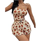 OYOANGLE Women's Halloween Pumpkin and Bat Print Cami Top Sleepwear and Bow Tie Shorts 2 Piece Sleepwear Pajamas Sets
