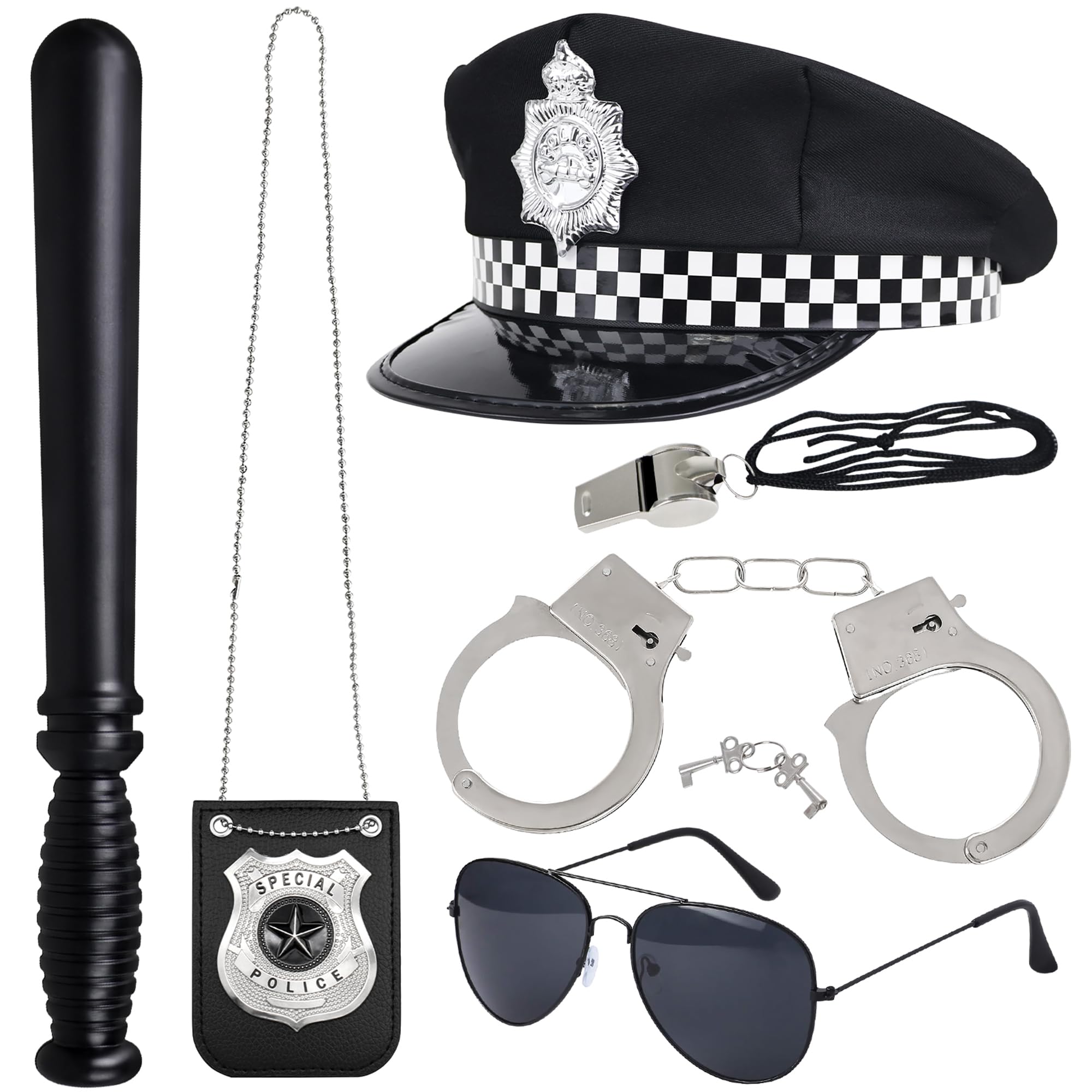 Orgoue Police Costume Accessories, Policeman Hat Sunglasses Badges Handcuffs Baton and Whistle for Adult Women for Halloween Cosplay Party