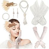 20s Flapper Accessories for Women 1920s Costume Accessories Set Halloween Fur Faux Scarf Headpiece Necklace Earrings Gloves(Elegant) Multicolor
