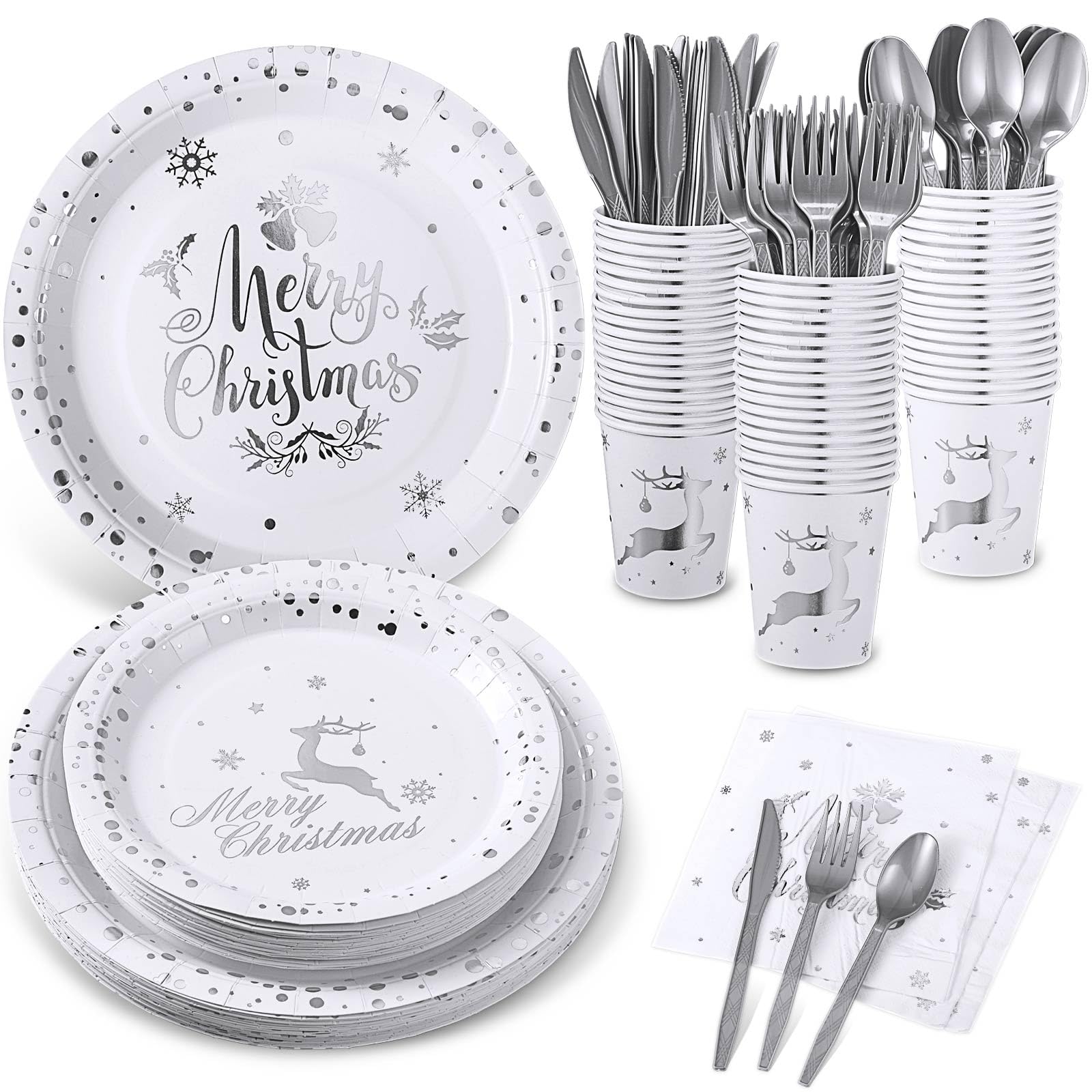 Photo 1 of 175 Pcs Merry Christmas Party Dinnerware Foil Dots Christmas Paper Plates Set Elk Disposable Xmas Plates Napkins Cups for New Year Wedding Birthday Baby Shower Party Supplies Decoration (White Silver)