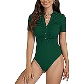 OPOIPIN Women's Rib Knit Collar Deep V Neck Ruched Buttons Short Sleeve Bodysuit Leotard Top Solid Dark Green Small