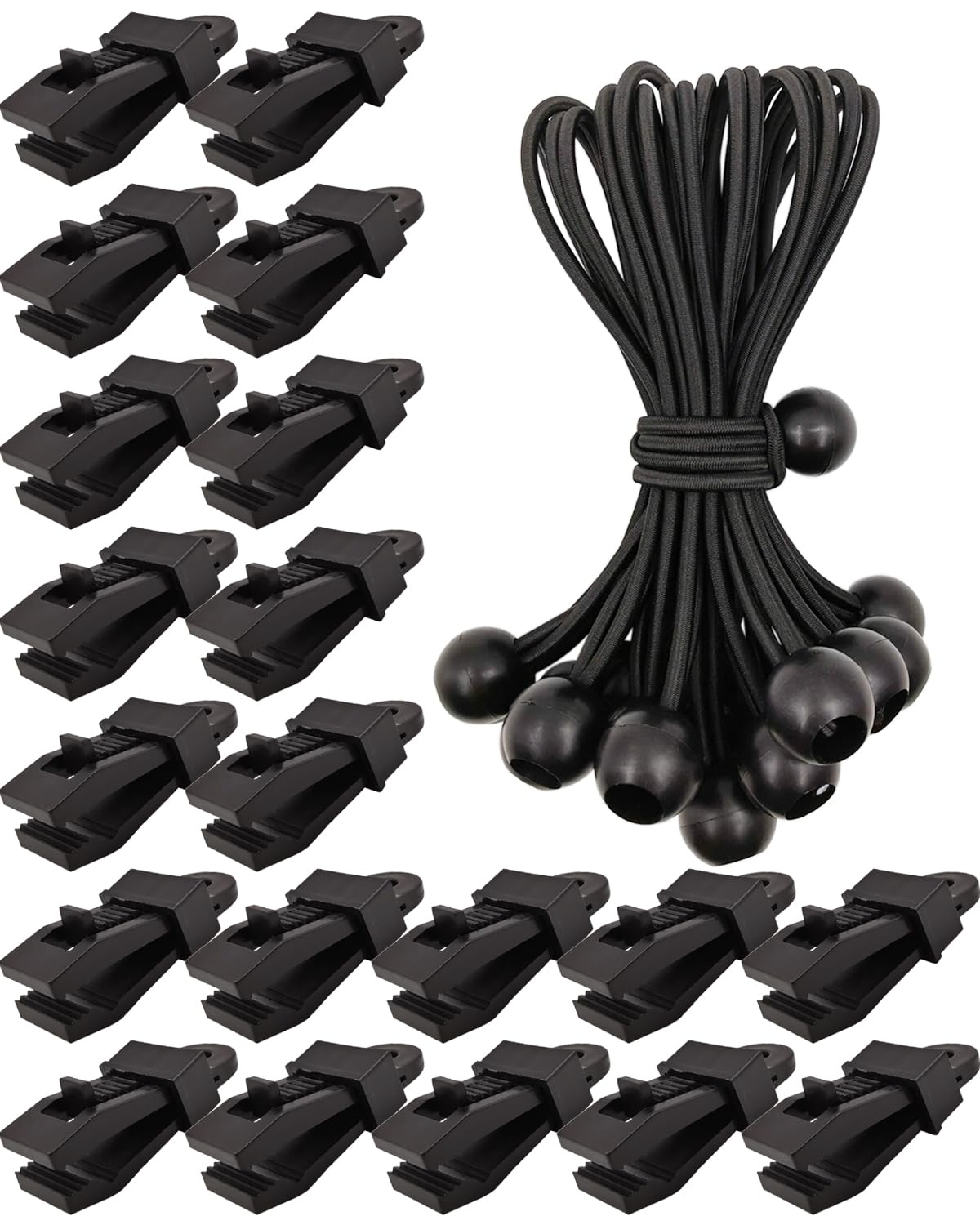 20 Pcs Tarp Clips + 20 Pcs Bungee Balls 6 Inch - Heavy Duty Camping Accessories and Bungee Cords with Balls - Tarpaulin Clips and Clamps (Black)