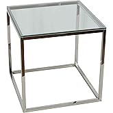 Cortesi Home Kent End Table, 22" Square, Silver Stainless Steel with Glass Top