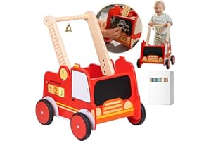 TIMBEROO Wooden Baby Walker - Baby Learn to Walk with Fire Truck Wooden Push Walker - Monetessori Walker with Rigged Handles for Sensory - Adjustable Height and Chalkboard on Wodden Activity Walker